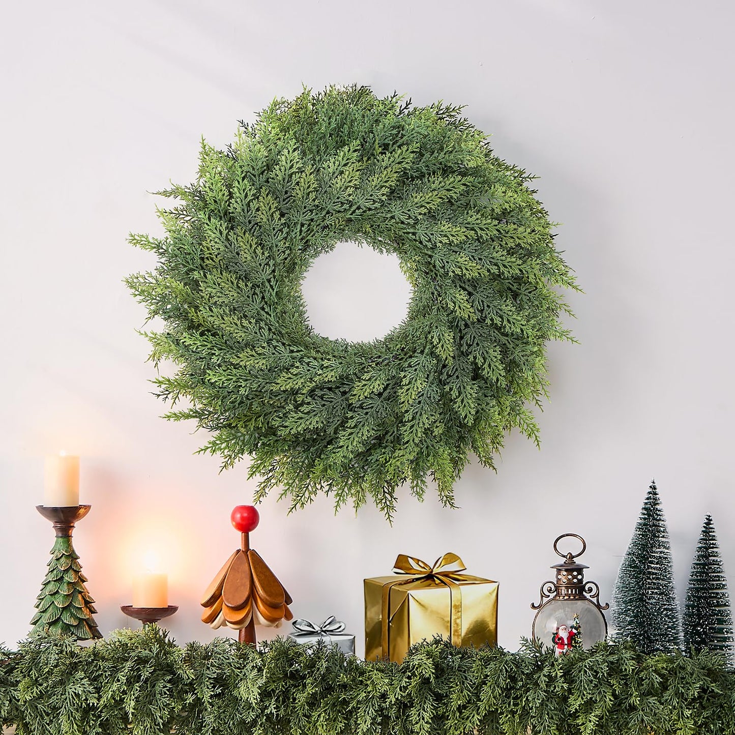 MEUIS Small Greenery Cedar Wreath - 22" Artificial Real Touch Wreath for Front Door Windows Outdoor Indoor Decor Weatherproof Traditional Holiday Decorations