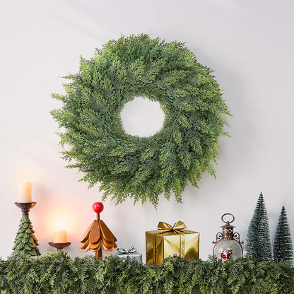 MEUIS Small Greenery Cedar Wreath - 22" Artificial Real Touch Wreath for Front Door Windows Outdoor Indoor Decor Weatherproof Traditional Holiday Decorations