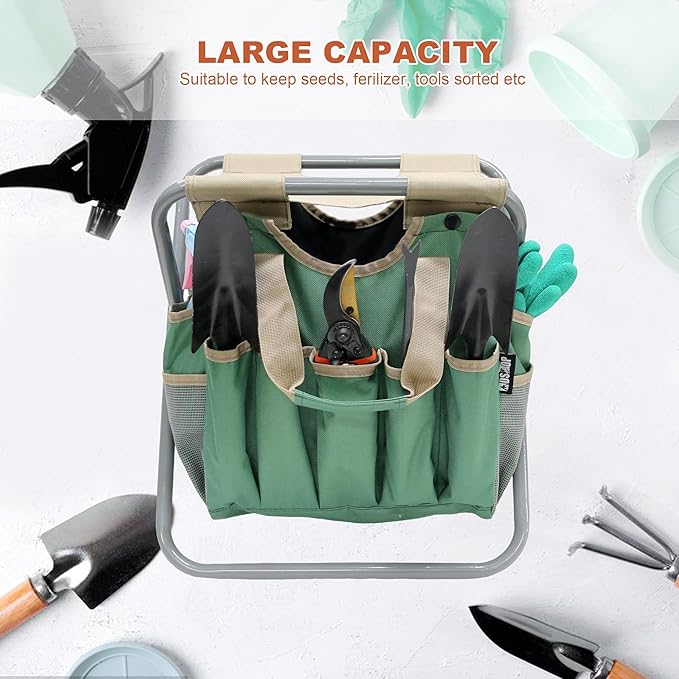 MDSTOP Folding Gardening Stool with Detachable Storage Tote Bag, Gardening Tools Set Organizer for Fishing Outdoor Sports Hiking Camping Garden, Gardening Gifts for Mom/Dad and Gardeners (Polyester)