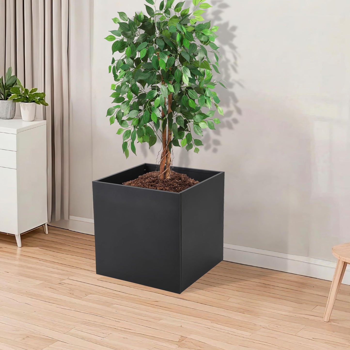 LuyFuitre 26x26x26 inch Metal Planter Box, Large Square Outdoor Planter with Removable Insert Shelf, Black Modern Floor Standing Garden Planter for Patio, Balcony, Backyard