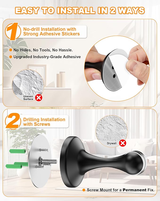 Crosize Magnetic Door Stoppers 8 Pack, Stainless Steel Door Stops for Wall and Floor Mounting, Door Holder Keep Door Open, No Drilling Door Stop with 3D Adhesive Tapes, Black