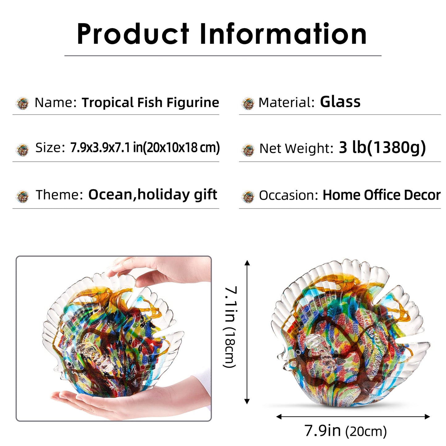 EUSTUMA Hand Blown Glass Tropical Fish Figurines Ornament,Sea Animal Sculpture for Fish Tank Aquarium,Sea Animals Collection for Birthday Gift,Glass Sculpture