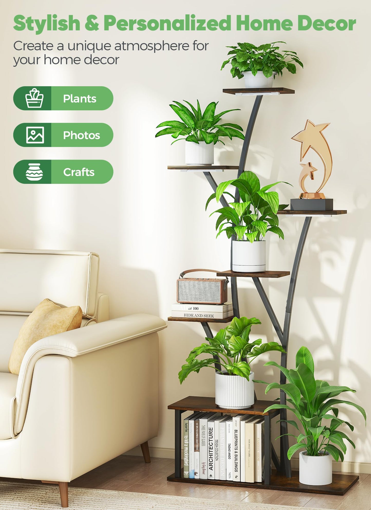 Quikraen 7 Tier Tall Plant Stand with Grow Light For Indoor Plants Growing 60in Indoor Flower Stand Tree-Shaped Plant Shelves for Living Room Patio Black