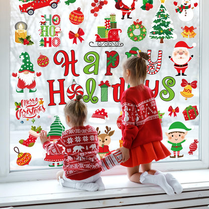 Whaline 9 Sheets Christmas Window Cling Stickers Xmas Santa Reindeer Cartoon Reusable Window Decals for Holiday Party Home Office Classroom Decoration