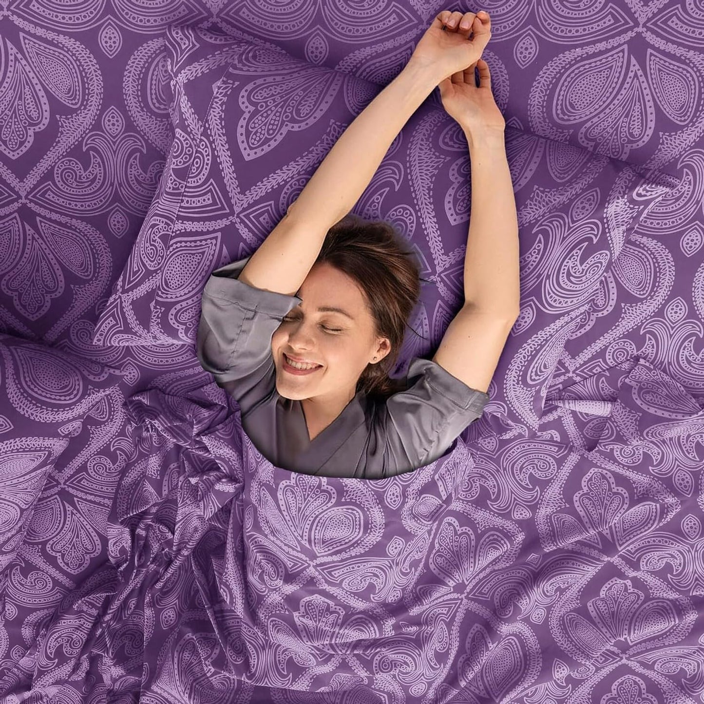Ultra Soft Wrinkle-Free Microfiber Paisley King Sheet Set, Cute Floral Pattern Boho Print – 16" Deep Pocket Fitted Sheet, Flat Sheet & 4 Pillowcases, Breathable, OEKO-TEX - Purple