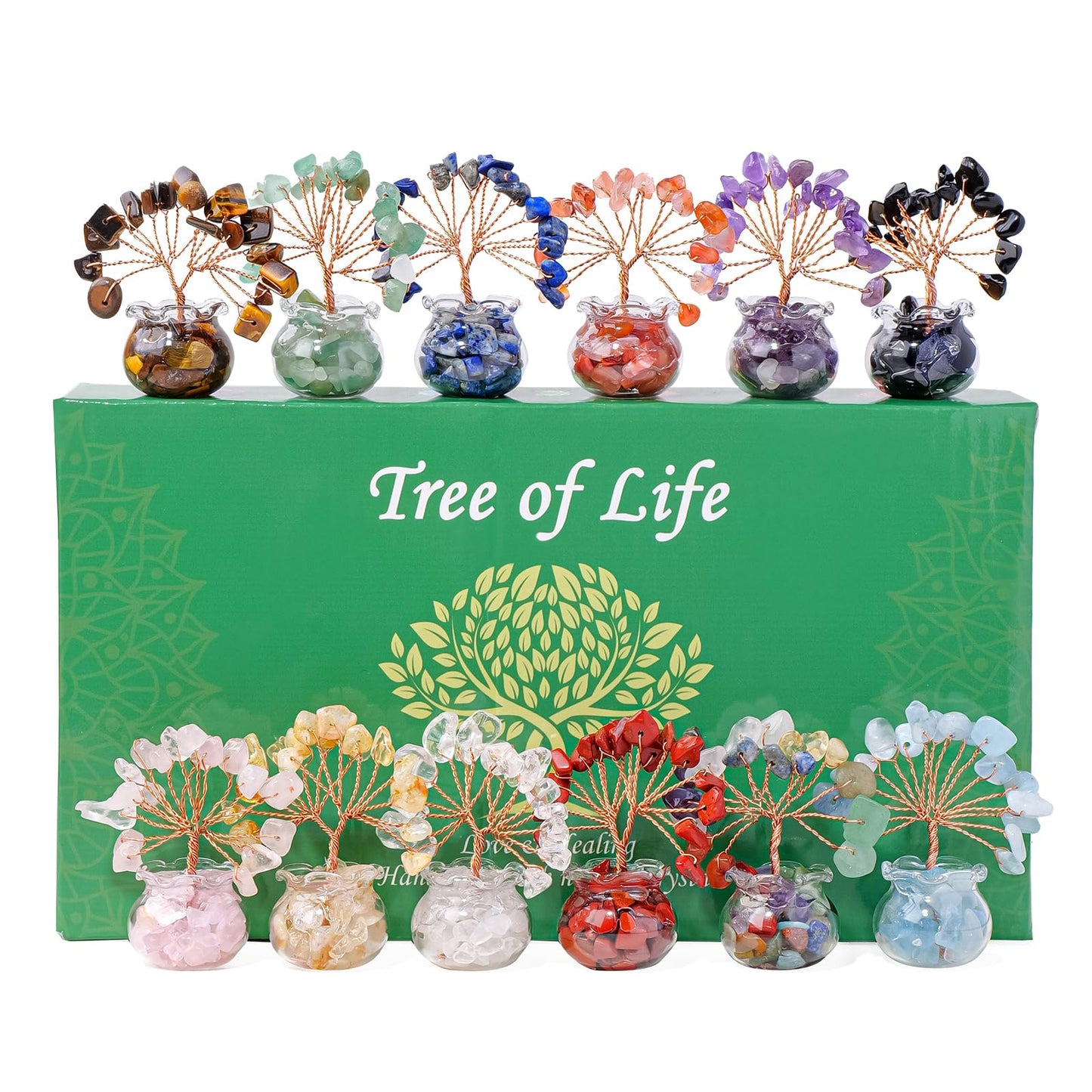 Runyangshi 12pcs Chakra Crystal Tree Set - Fengshui Money Tree with Gemstones, Glass Base, Natural Crystal and Healing Stones for Home Office Decor