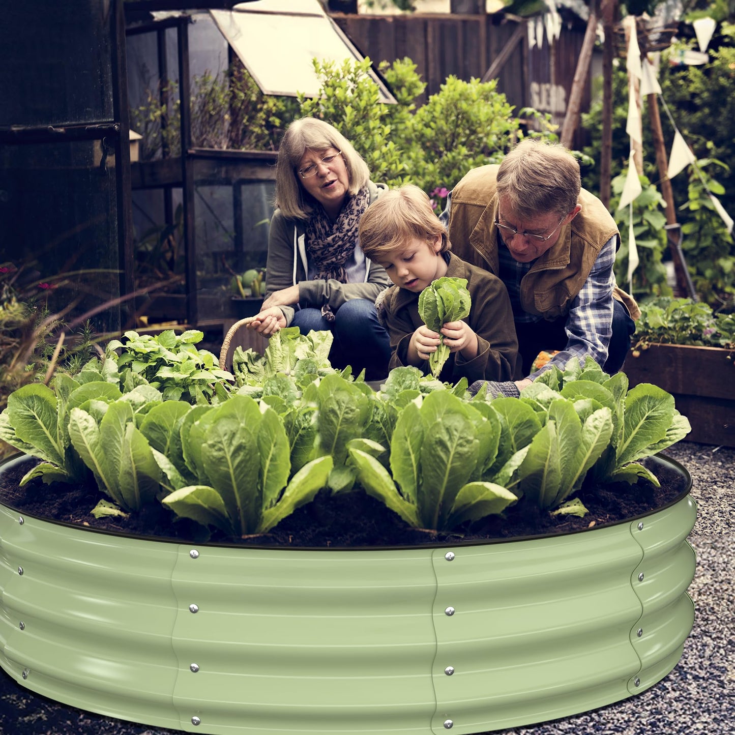 Winpull Raised Garden Bed Kit, 4x4x1 ft Round Galvanized Planter Box Outdoor with Safety Edging, Large Metal Raised Beds for Gardening Vegetables Flower Fruits (Avocado Green)