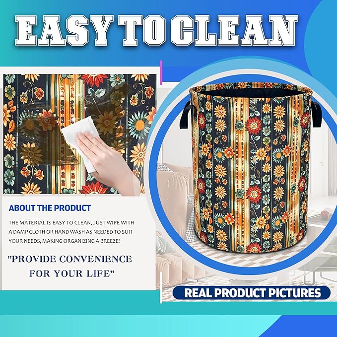 Folk Flower Art Laundry Basket Boho Floral Print Oxford Cloth Laundry Hamper