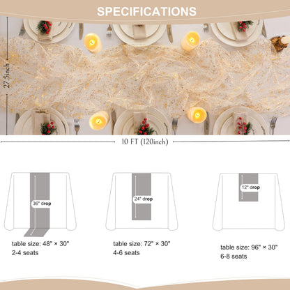 Snowkingdom 10 Ft Gold Table Runner, Sheer Gauze Chiffon Tulle Cheesecloth Sequin Glitter Metallic Foil, Table Decorations for Home Wedding Anniversary Party Birthday Holiday Christmas Thanksgiving
