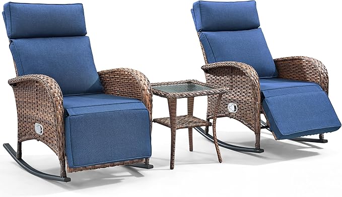 3 Pieces Zero Gravity Wicker Patio Rocking Recliner Chairs Set of 2 - Wicker Outdoor Lounge Chair with Side Table, Adjustable Backrest & Footrest, High Back Outdoor Recliner Chair for Pool Deck Blue