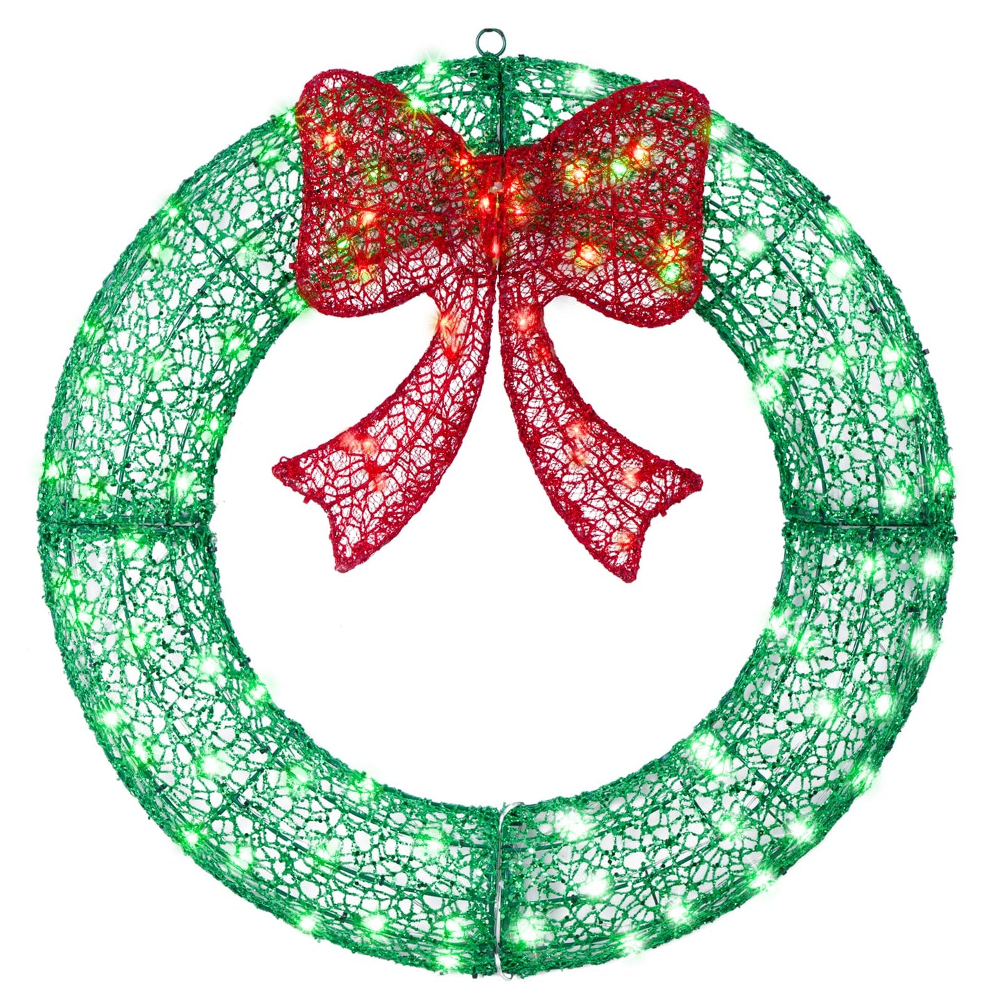 24" Pre-Lit Outdoor Christmas Wreath with 140 LED Lights and Bow, Lighted Metal Christmas Wreath Decoration with Timer Function for Xmas Home Wall Front Door Window Garage (White/Red, 24in)
