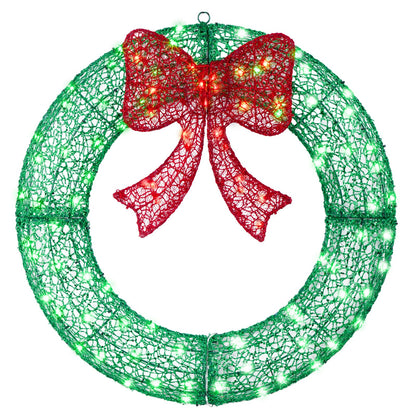 24" Pre-Lit Outdoor Christmas Wreath with 140 LED Lights and Bow, Lighted Metal Christmas Wreath Decoration with Timer Function for Xmas Home Wall Front Door Window Garage (White/Red, 24in)