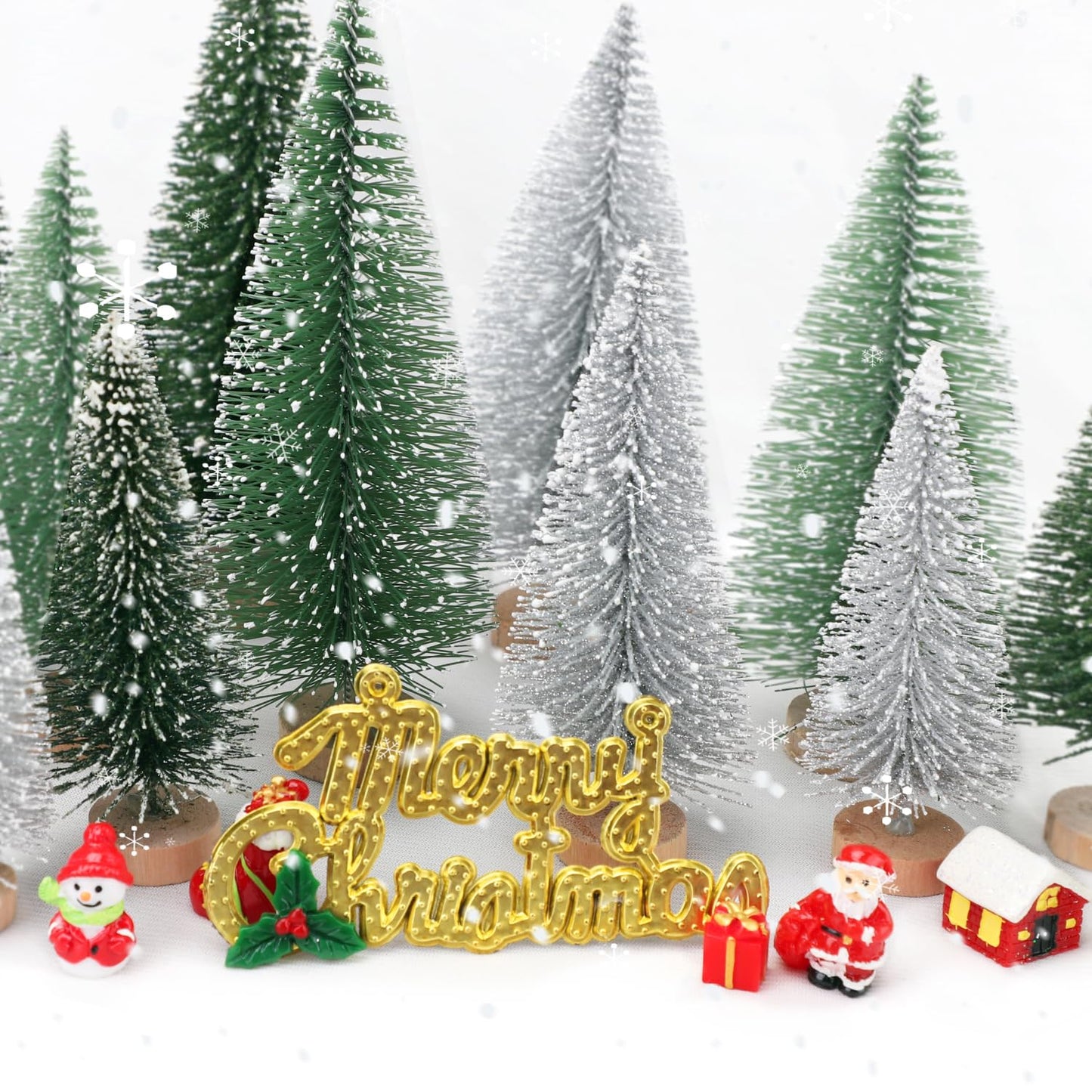 30Pcs Mini Christmas Tree Decor, Artificial Christmas Tree 5 Sizes,Mini Sisal Snow Frost Trees with Wooden Base for Christmas Decor Christmas Party Home Table Craft Decorations (A-Green/Silver)