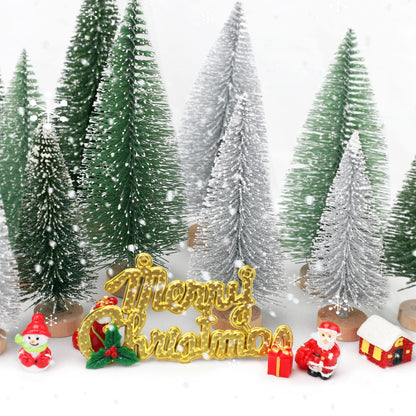 30Pcs Mini Christmas Tree Decor, Artificial Christmas Tree 5 Sizes,Mini Sisal Snow Frost Trees with Wooden Base for Christmas Decor Christmas Party Home Table Craft Decorations (A-Green/Silver)