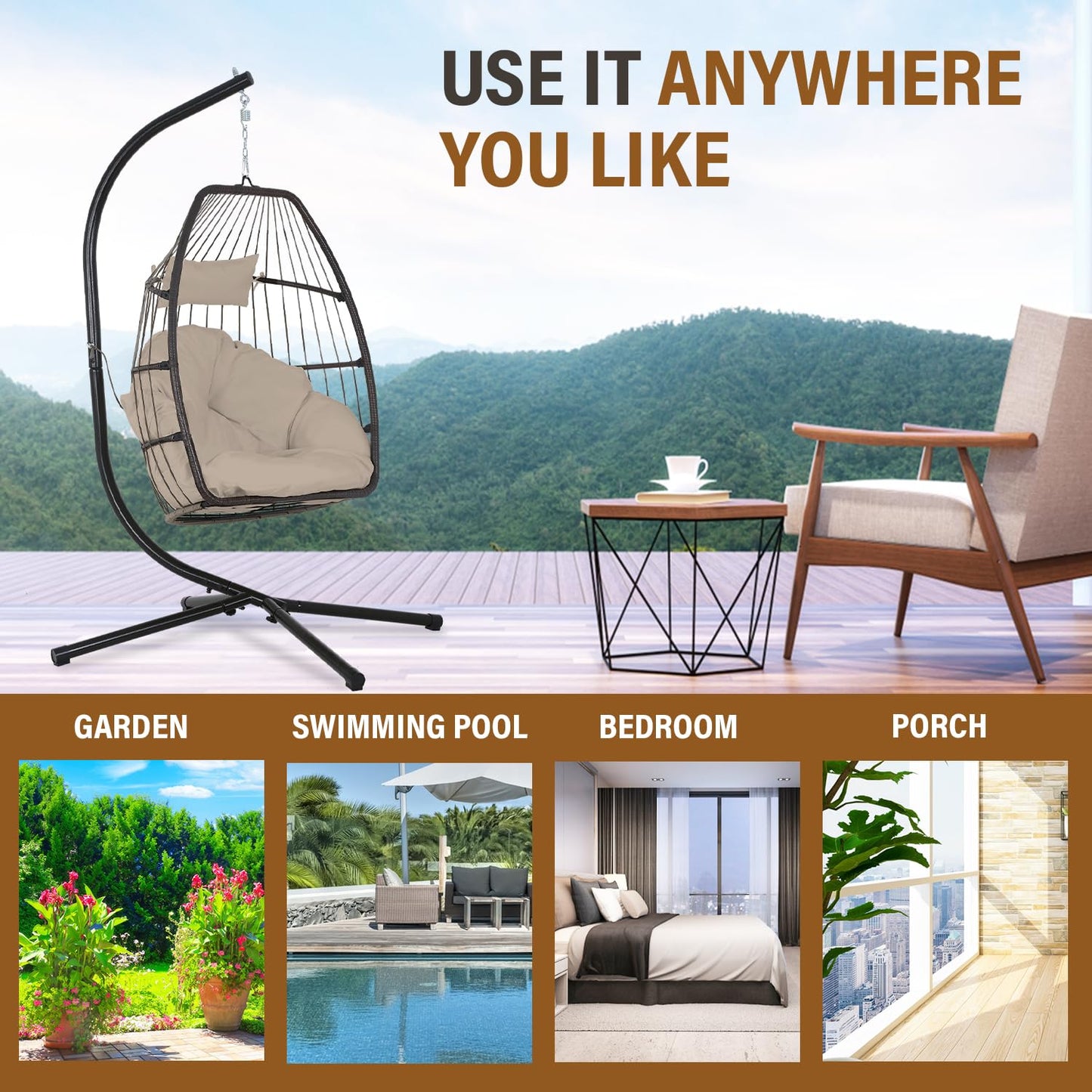 BestOffice Egg Chair Indoor Outdoor with Stand Swing Hanging Rattan Patio Basket Chair with Soft Cloud Polyester Cushion Adjustable Headset for Bedroom Outdoor Garden Swimming Pool Porch, Tan