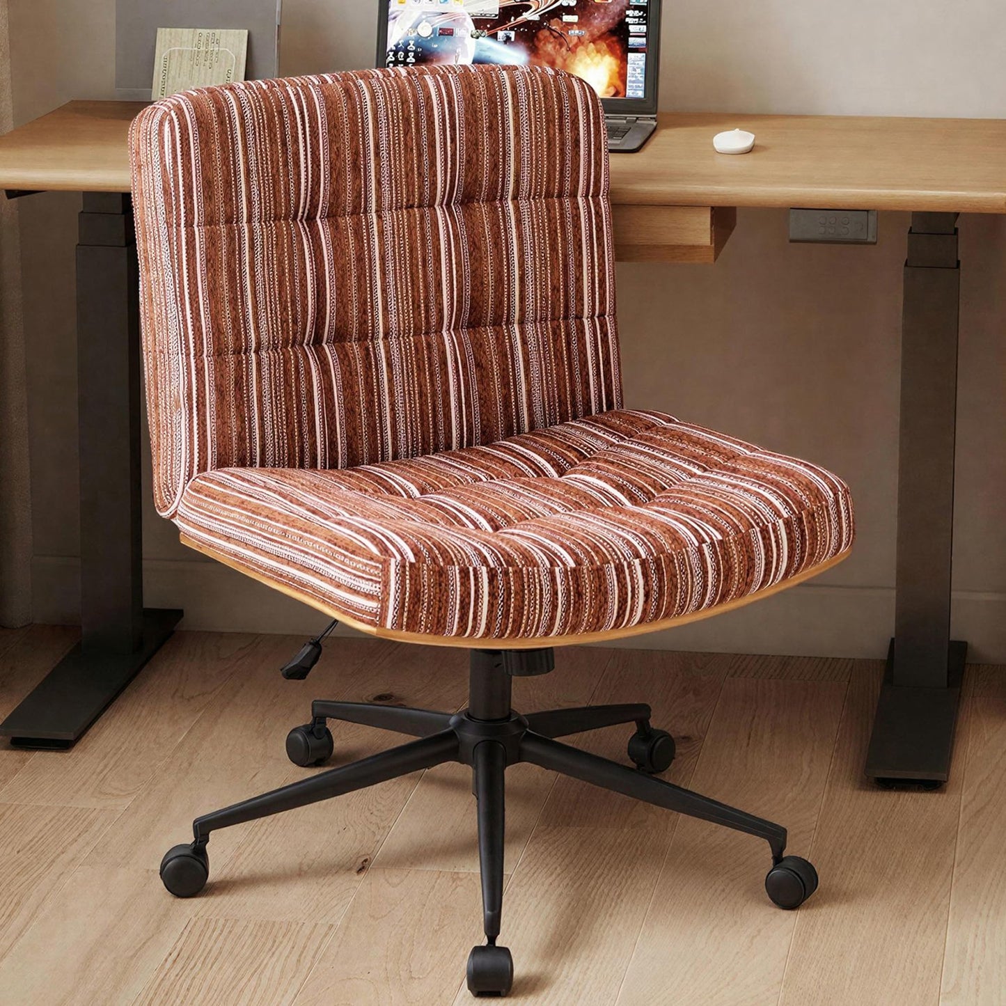 Furnimart Heavy-Duty Curved FSC Wood Desk Chair 360° Swivel, Premium Chenille Criss Cross Chair with Wheels Wide Seat, Comfy Armless Cross Legged Sitting for Bedroom, Office, Vanity(Dark Brown)