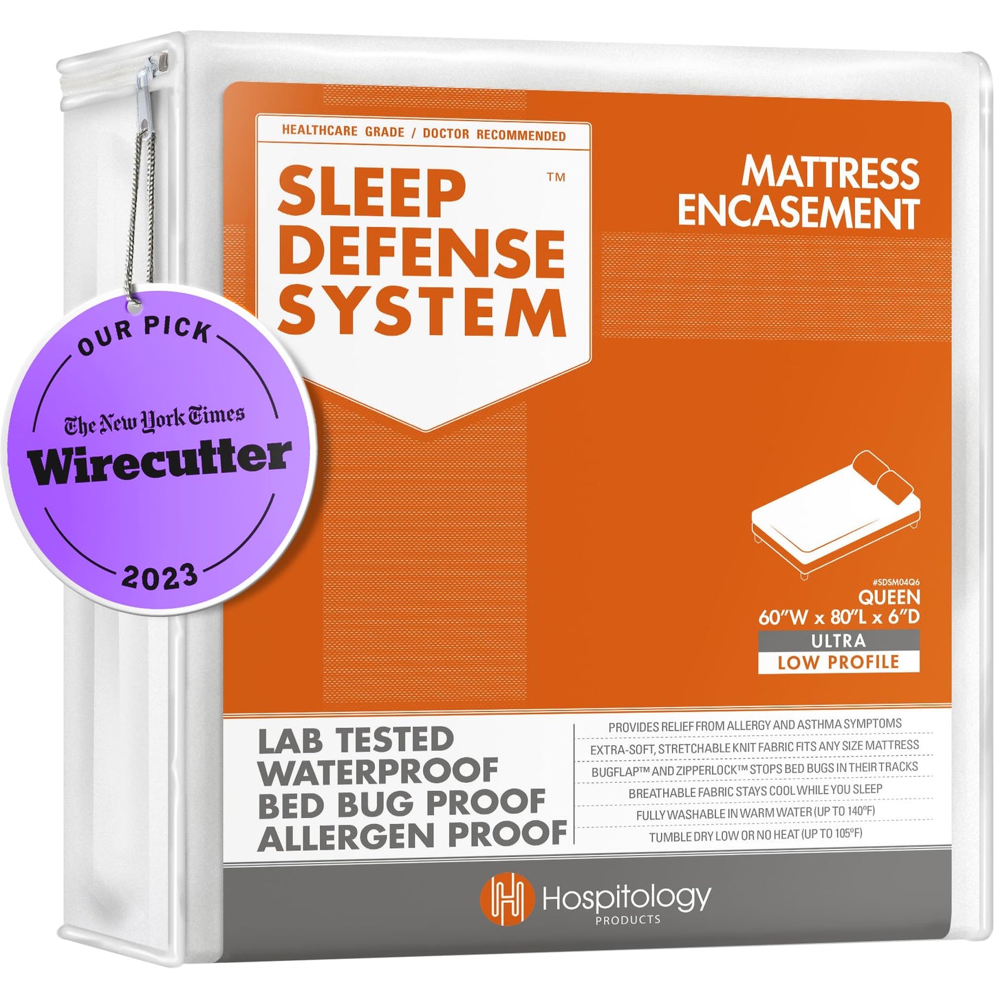 HOSPITOLOGY PRODUCTS Mattress Encasement - Zippered Bed Bug Dust Mite Proof Hypoallergenic - Sleep Defense System - Queen - Waterproof - Stretchable - Ultra Low Profile 6" Depth - 60" W x 80" L