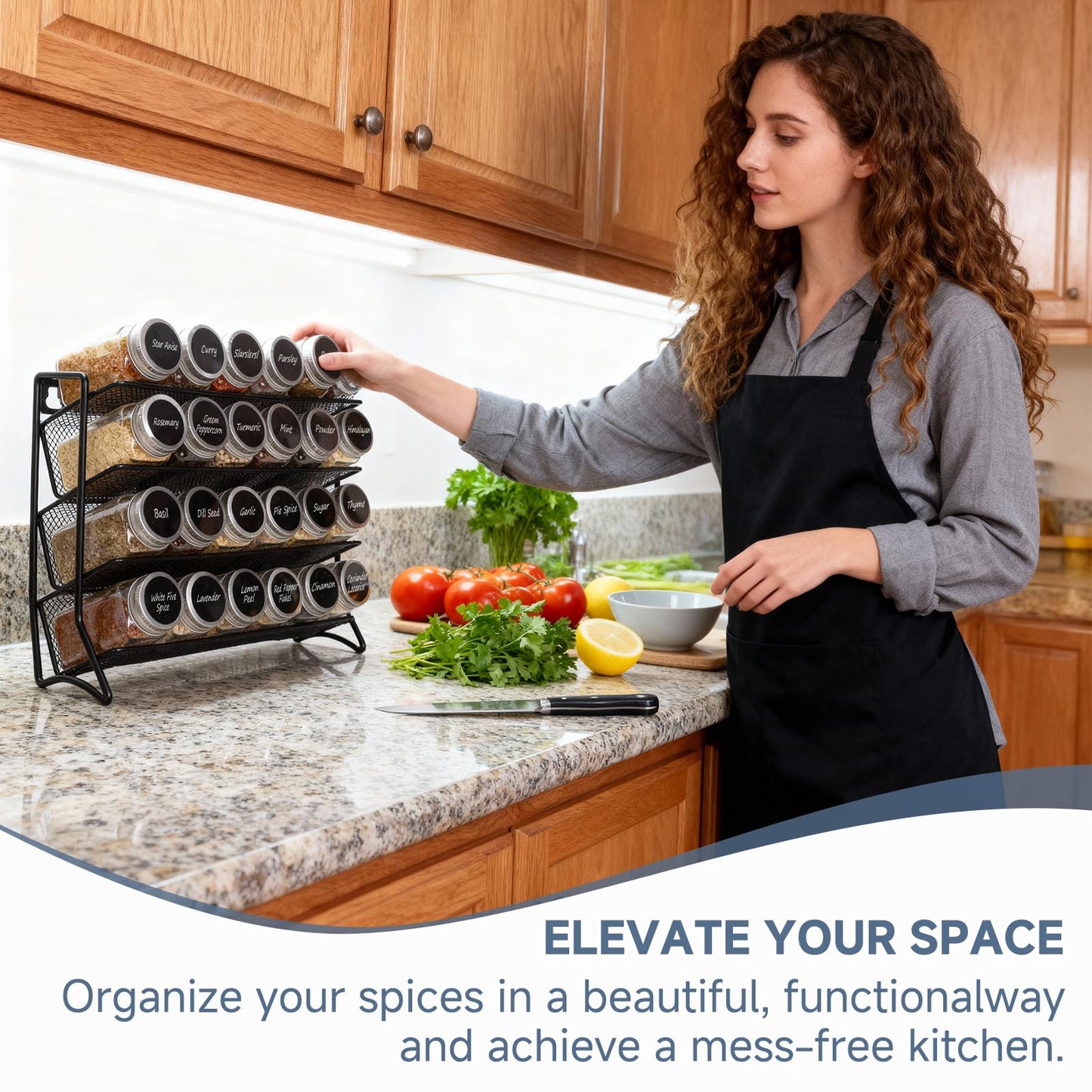 DIDITIME Spice Rack Organizer with 24 Glass Jars and 60 Labels, 4-Tier Seasoning Organizer for Cabinet, Countertop, Pantry or Wall Mount, Rust-Resistant Carbon Steel Spice Jar Set with Marker
