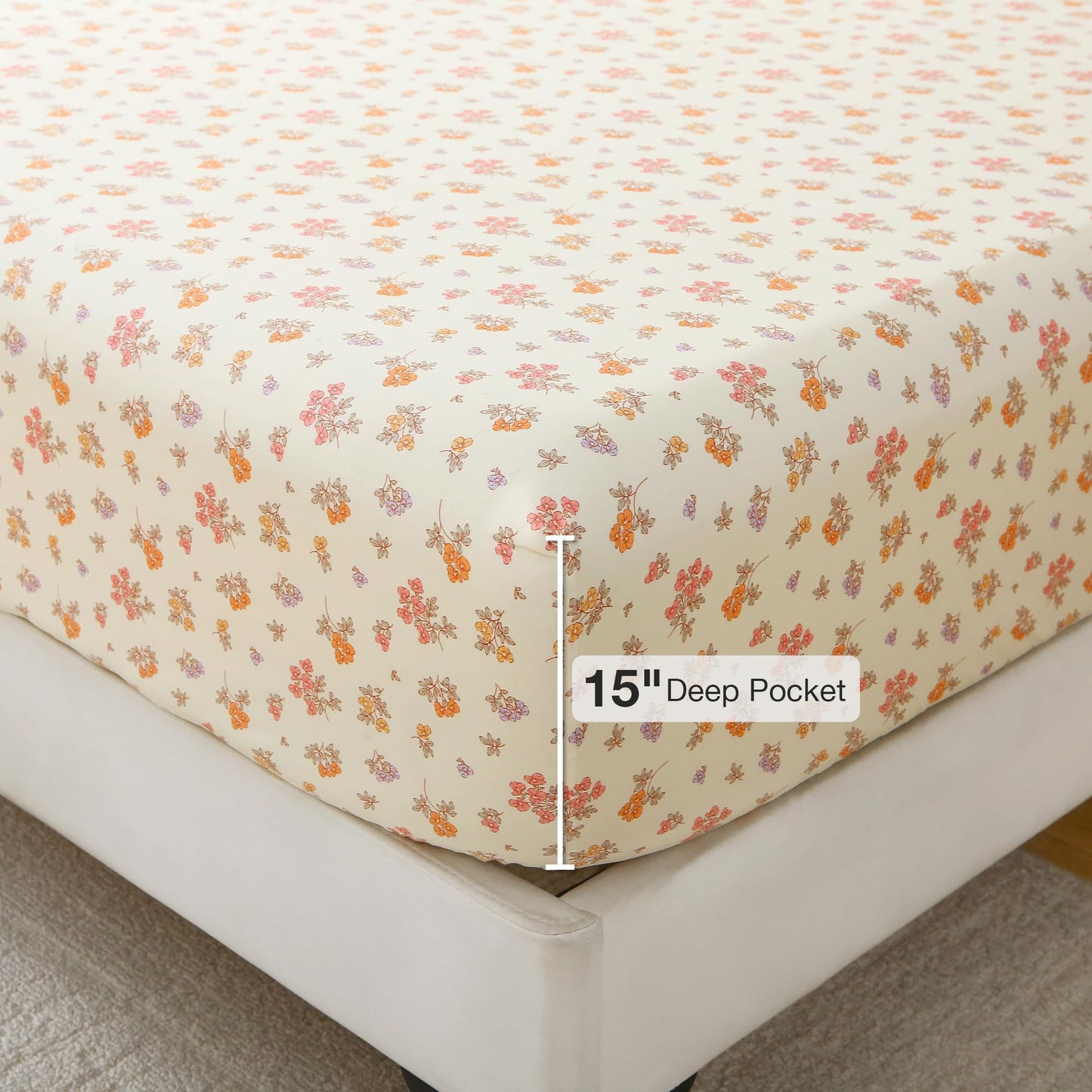Viviland Floral Queen Sheet Set - 4 Piece Vintage Lavender Flower and Leaves Patterned Bed Sheets - Soft, Breathable Microfiber Sheets with Deep Pocket, Non-Slip Fitted Sheets & Pillowcases