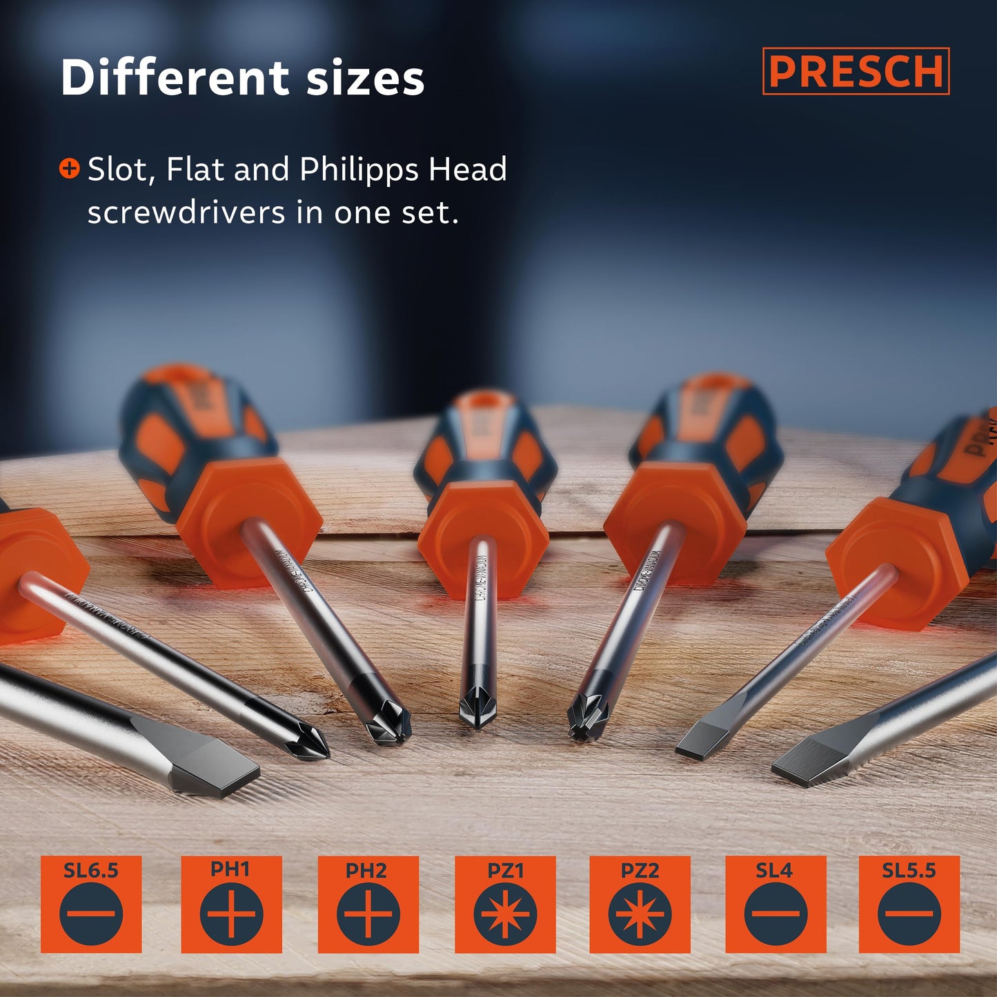 Presch Screwdriver Set 7 Pieces - Magnetic Screwdriver Sets with Slotted, Pozidrive and PH Screwdrivers - Pro Screw Driver Kit