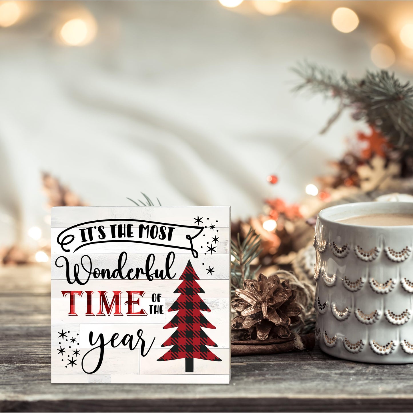 OXRUN Christmas Table Decorations, Pink Merry Christmas Tree Wooden Box Sign Decorative, Xmas Holiday Gifts for Women Men Home Office Shelf Decor 6 x 6 Inches - F12