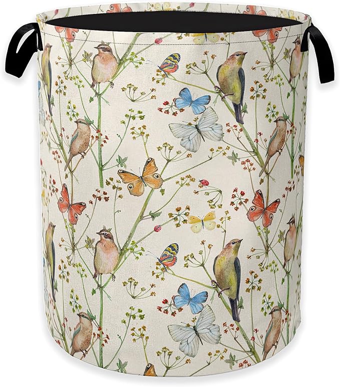 Laundry Hamper, Watercolor Bird Laundry Basket, Spring Flower Butterfly