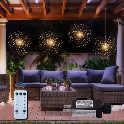 4 Pack 800 LED Plug in Starburst Sphere Lights,Firework Light 8 Modes Dimmable Remote Control,Waterproof Copper Wire Hanging Fairy Lights for Patio Parties Tent Christmas (Warm White)
