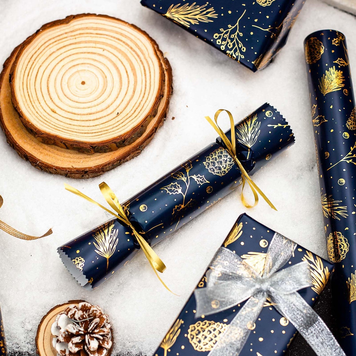 Homeral Christmas Wrapping Paper Roll-46.8 sq.ft. (17in x 33ft) Metallic Shine Navy Blue with Gold Pine Cone, Pine Twig for Christmas, New Year Celebration, Party, Holiday
