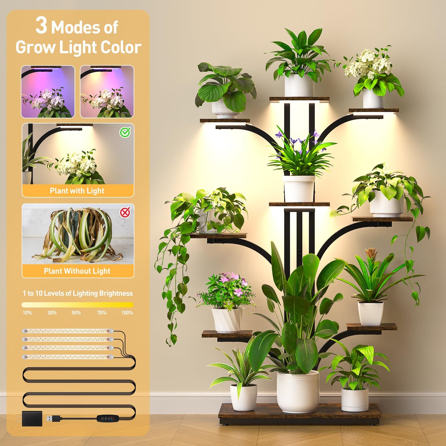 XCSOURCE Plant Stand Indoor with Grow Light, 9-Tiered Plant Shelf Display Rack Holder, Flower Stand for Multiple Plants, Living Room, Garden, Patio
