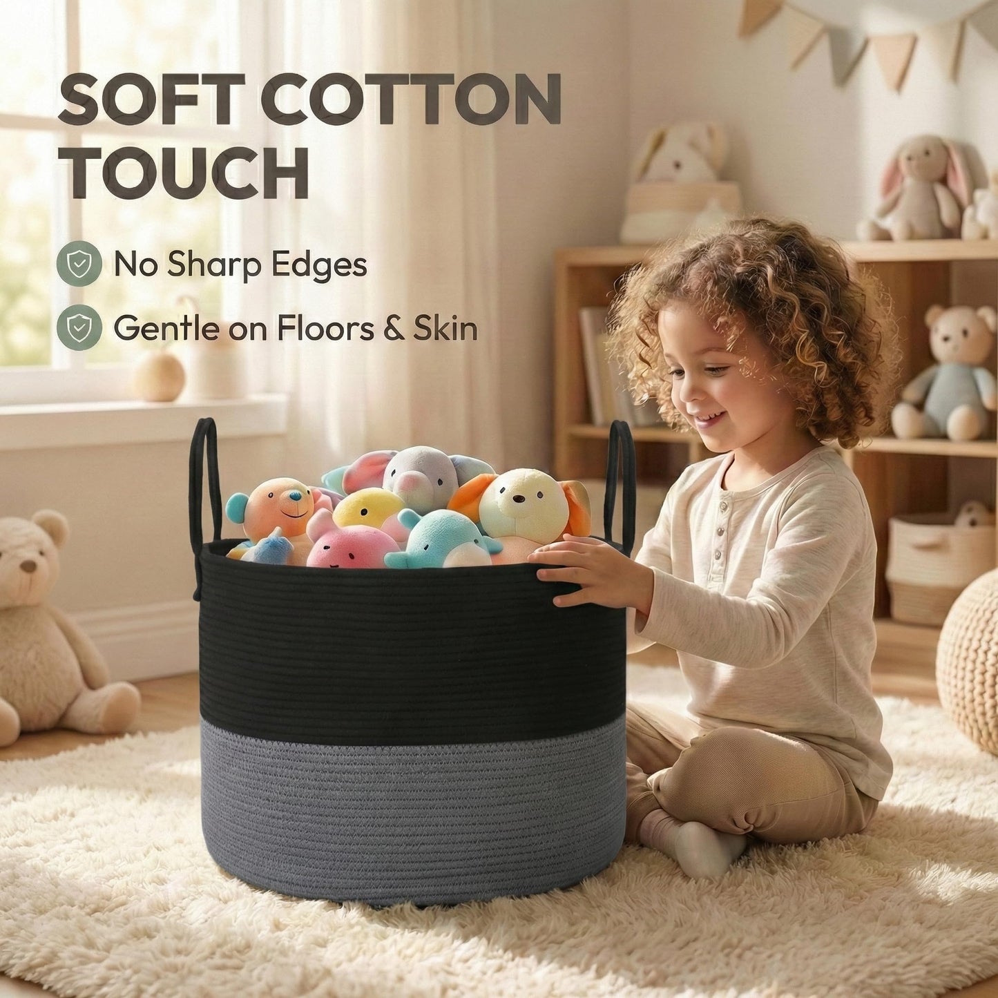 JMvicyroam 65L Extra Large Blanket Basket for Living Room - Woven Cotton Rope Laundry Hamper with Reinforced Handles - Storage Bin for Pillows, Comforters & Toys - Machine Washable,Black&Grey