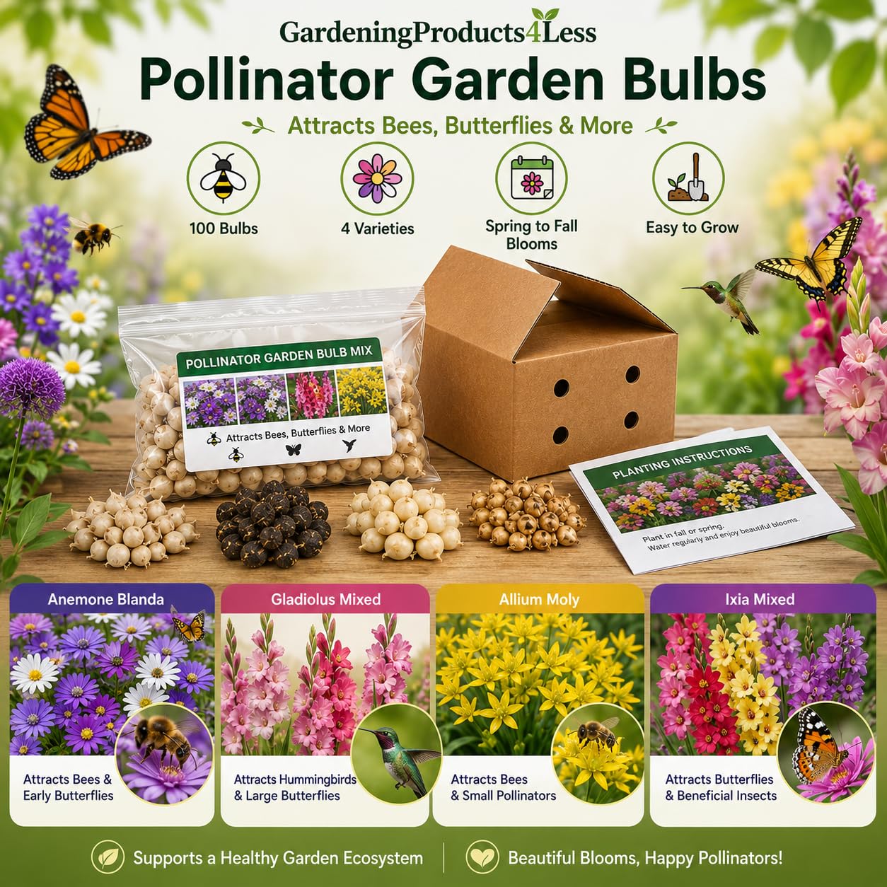 Flower Bulbs for Planting - Complete Spring & Summer 100 Bulbs, Bees& Butterflies Collection -Attracts Bees, Butterflies & Hummingbirds - Easy to Grow Perennials - 1000's Sold