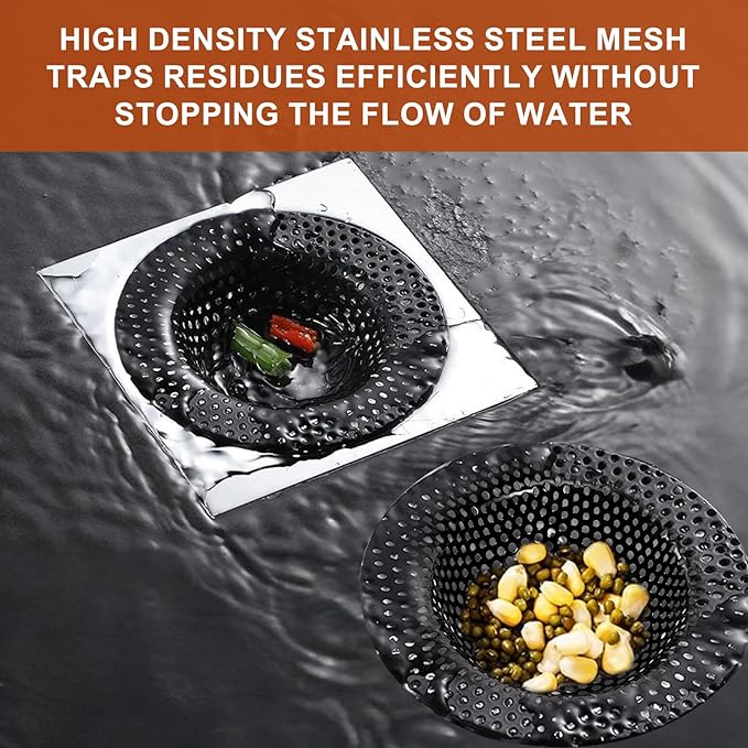 2 Pcs Black Stainless Steel Mesh Sink Drain Strainer, 4.45" Top/2.95" Kitchen