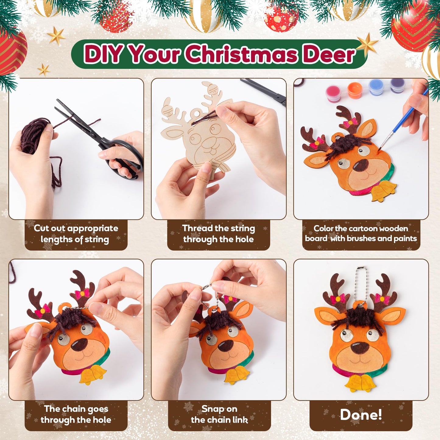 WATINC Wooden Christmas Reindeer Craft Kits - 24PCS Paint You Own Painting Art Work, Unfinished Deer Wood Slices Crafts Party Favor Supplies, DIY Reindeer Hanging Ornament Decoration for Boys Girls