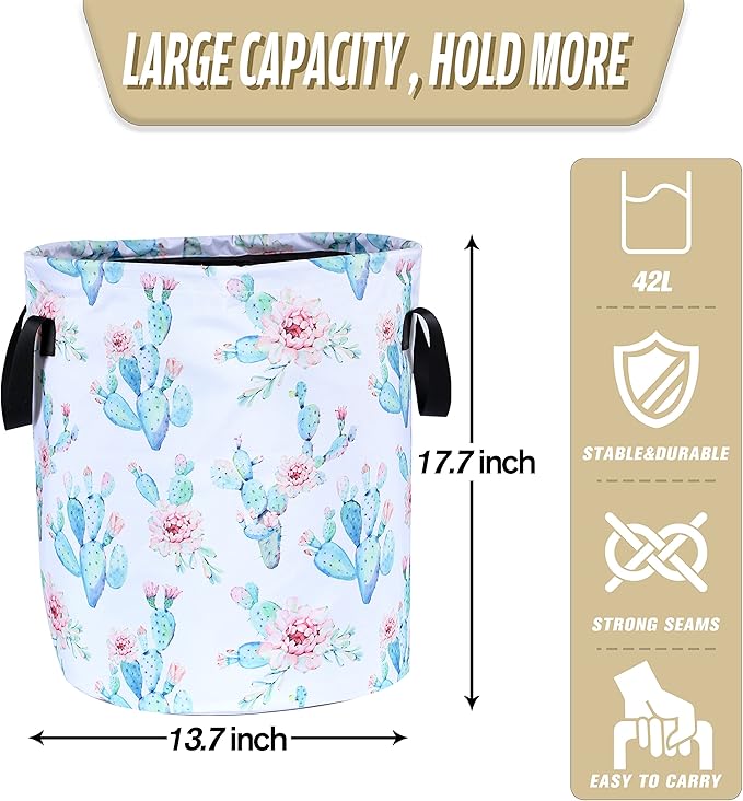 Cactus Flowers Laundry Basket Pink Floral Foldable Oxford Cloth Funny Tote Bag