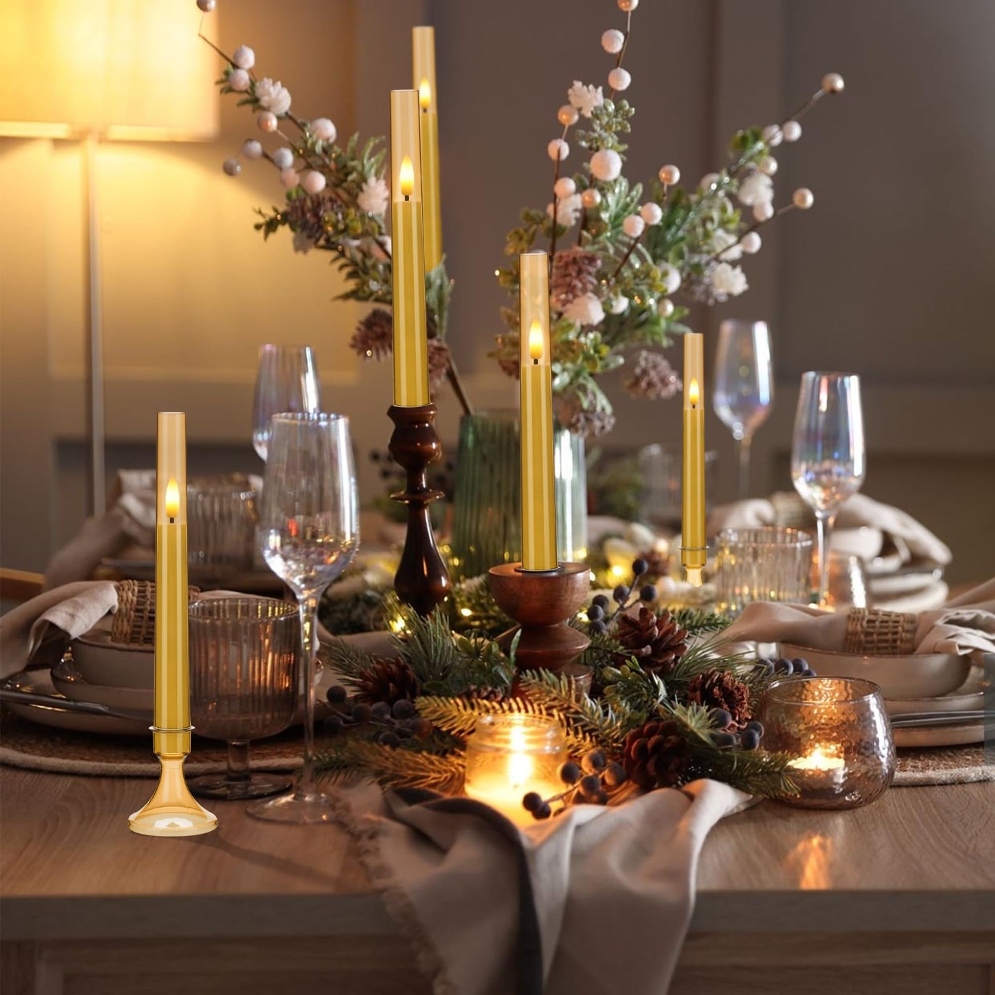 SEHNSY Gold Flameless LED Taper Candles with Remote and Timer, 6 Pack Battery Operated Candles 9.25"x0.75" for Xmas Wedding Decor, 3D Flickering Flameless Candles with Acrylic Candlesticks