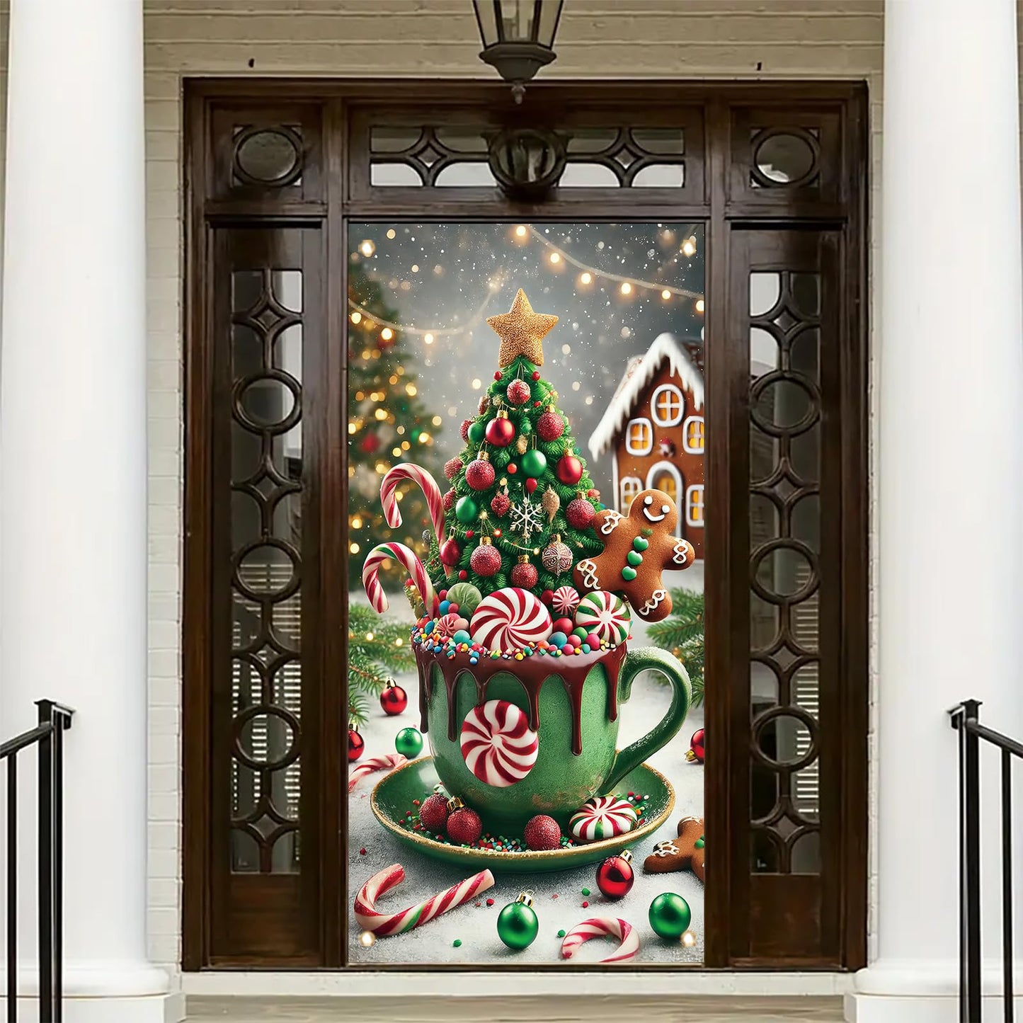 Saoplasa Christmas Door Cover Hot Cocoa Mug Banner 71 x 35 Inch Gingerbread Candy Cane Peppermint Tree Backdrop Holiday Cup Decoration for Christmas Party Wall Hanging Front Door Winter Decor