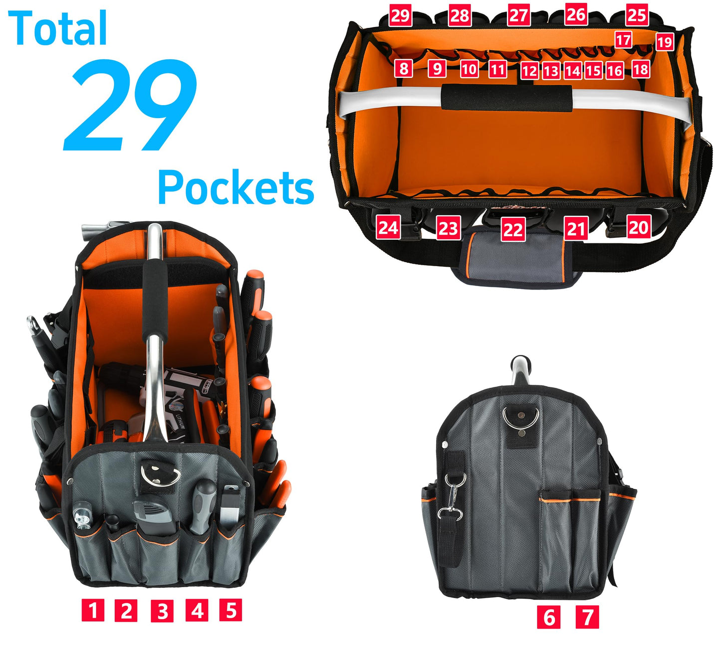Aupofit 16 Inch Open Top Tool Bag, Pro-Grade Thick 1680D Fabric, Heavy Duty Foldabe Work Bag with Orange Interior Stainless Steel Handle & Padded Shoulder Strap, Easy Tool Access