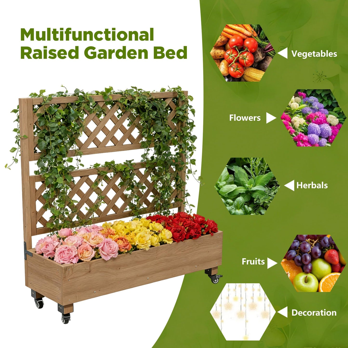 Raised Garden Bed with Wheels Outdoor, Large Garden Planter Box Tomato Flower Pots with Standing Diamond Lattice Trellis for Vegetables Vines Herbs Fruits & Climbing Plants (Grid Upright Trellis)