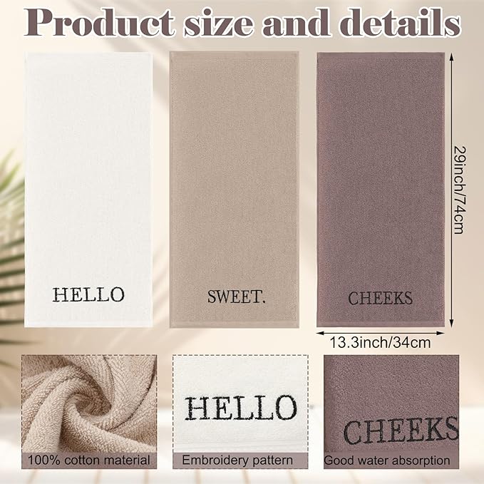 3 Pcs Hello Sweet Cheeks Hand Towels Farmhouse Decorative Embroidered Bathroom