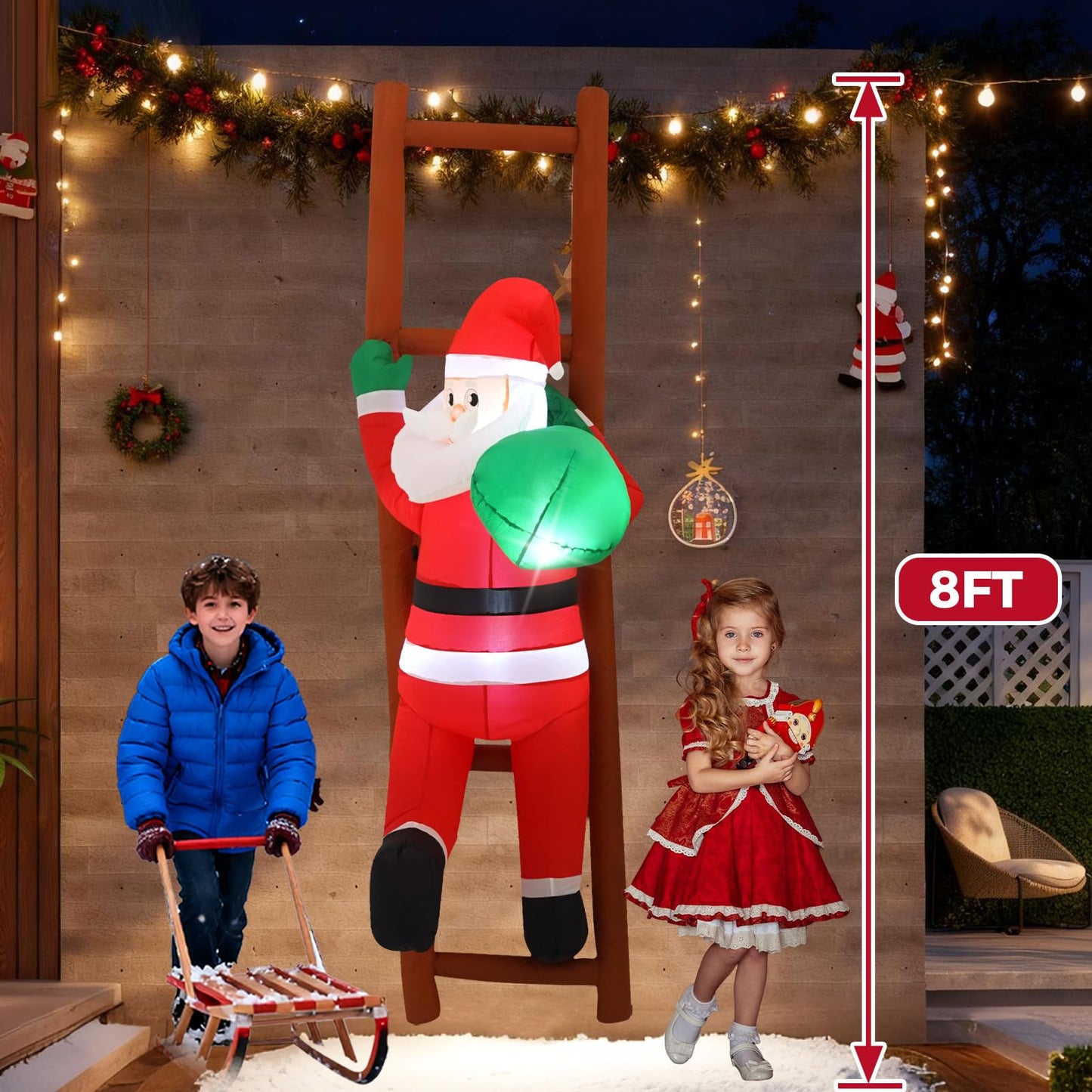 InfleasJoiy 8FT Santa Claus Climbing on Ladder Christmas Decoration with Built-in LED Lights, Christmas Outdoor Inflatable Decoration for Lawn, Yard, Garden, Patio