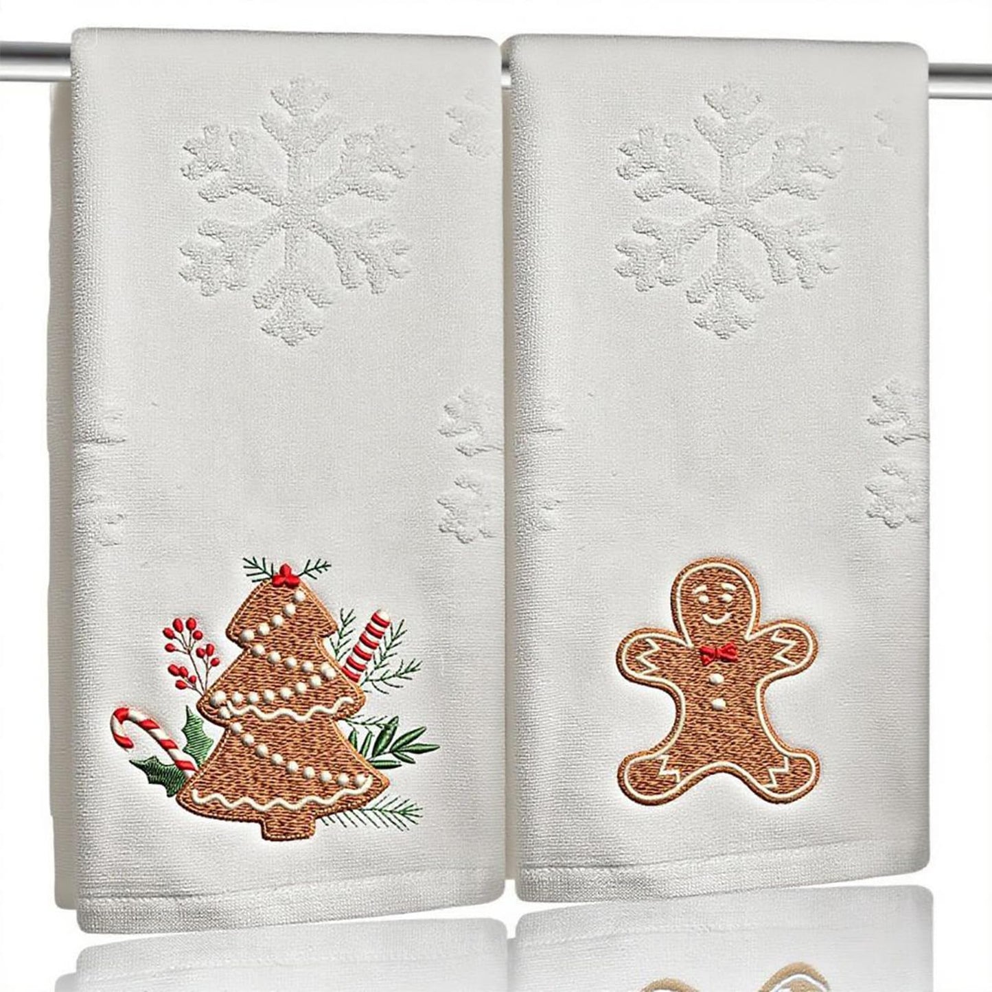 2 Pack Christmas Gingerbread Hand Towels 100% Cotton Jacquard Snowflake Embroidered Candy holiday Kitchen dish Towels Retro Neutral Beige Bathroom Towels Set gift Seasonal Xmas Winter Bathroom Decor