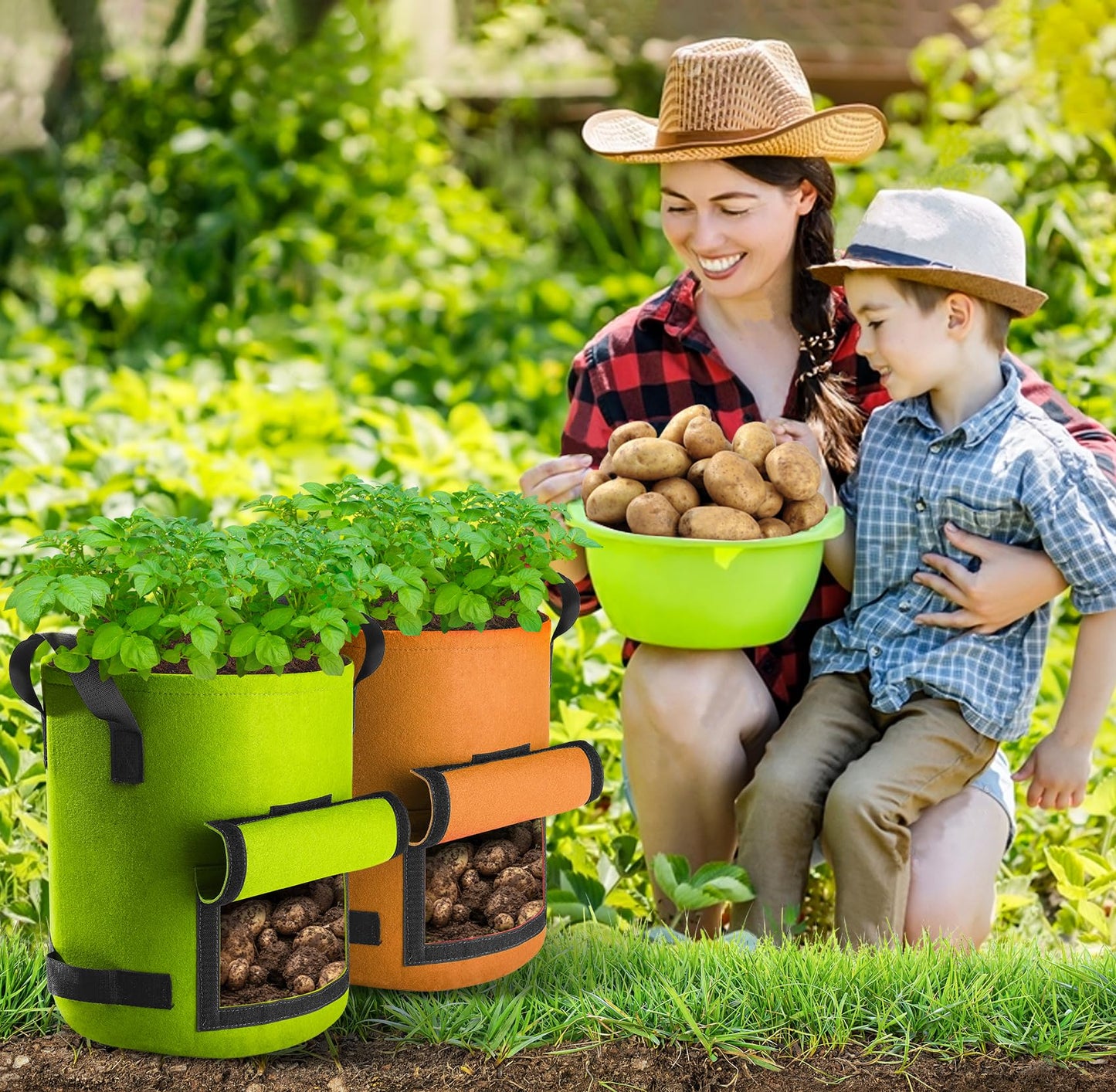 Suntee 6 Pack 15 Gallon Potato Grow Bags with Flap, Thickened Nonwoven Fabric Grow Bags for Growing Potatoes, Colorful Plant Grow Bags Pots Gardening Vegetable Potato Growing Bags with Durable Handles