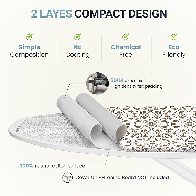 Ironing Board Cover and Pad 15"x54" Extra Thick Natural Cotton, Scorch and