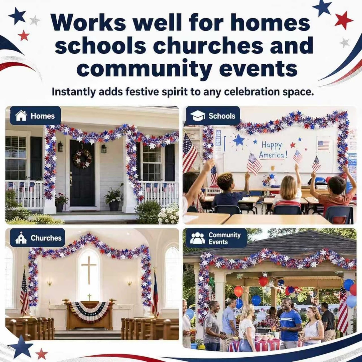 YunPuff 50 Ft Patriotic Star Garland, Red White Blue Metallic Tinsel with 5-Pointed Stars, 4th of July & America 250th Anniversary Decorations for Independence Day Party Mantle Porch Fireplace