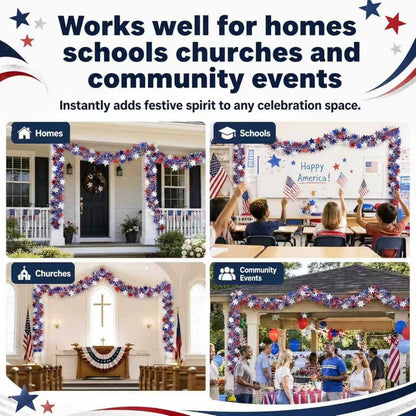 YunPuff 50 Ft Patriotic Star Garland, Red White Blue Metallic Tinsel with 5-Pointed Stars, 4th of July & America 250th Anniversary Decorations for Independence Day Party Mantle Porch Fireplace