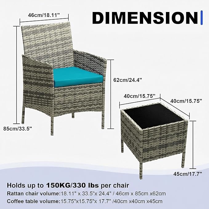 GarveeLife 3 Piece Patio Furniture Set, Rattan Outdoor Furniture