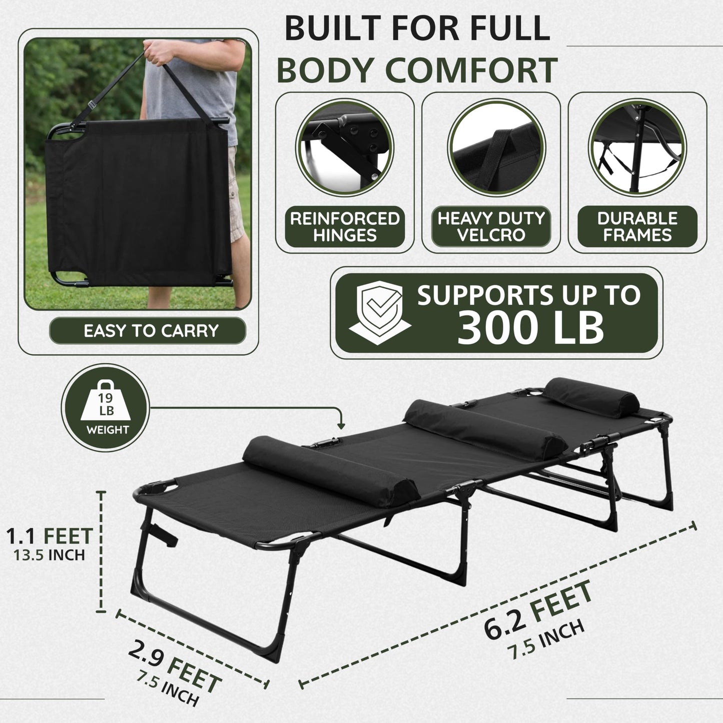 PLEOFLO Outdoor Lounge Chair | Extra Large Portable cot incl Leg Raising adjustability | Easy Setup & Takedown | Supports Adults up to 300 lb | Ideal for Camping Patio, Balcony, Beach & More