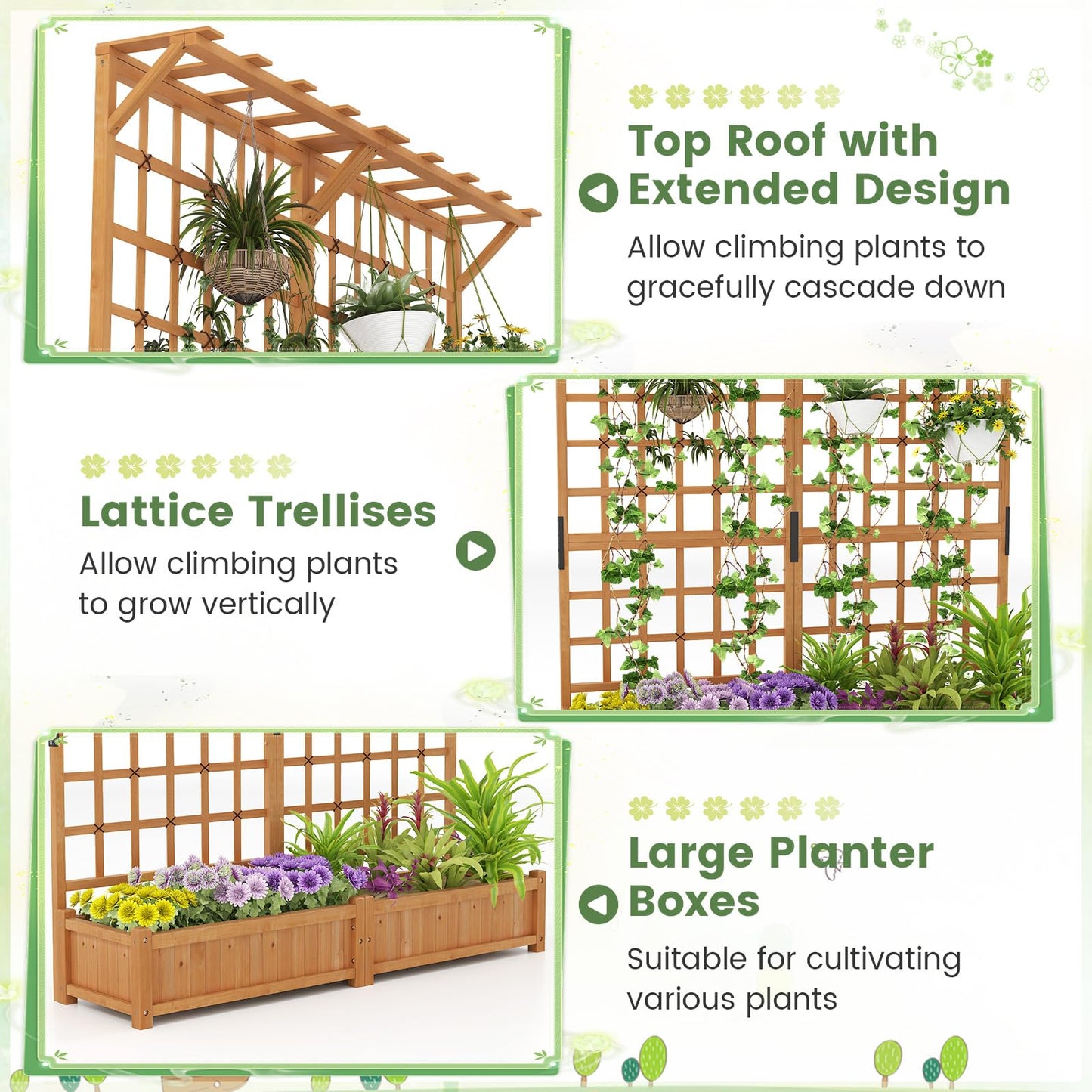 Toolsempire 72" Raised Garden Bed with Lattice Trellis, Hanging Roof & Drainage Holes, Elevated Wooden Planter Box for Vine Climbing Plant, Flower, Herb & Vegetable