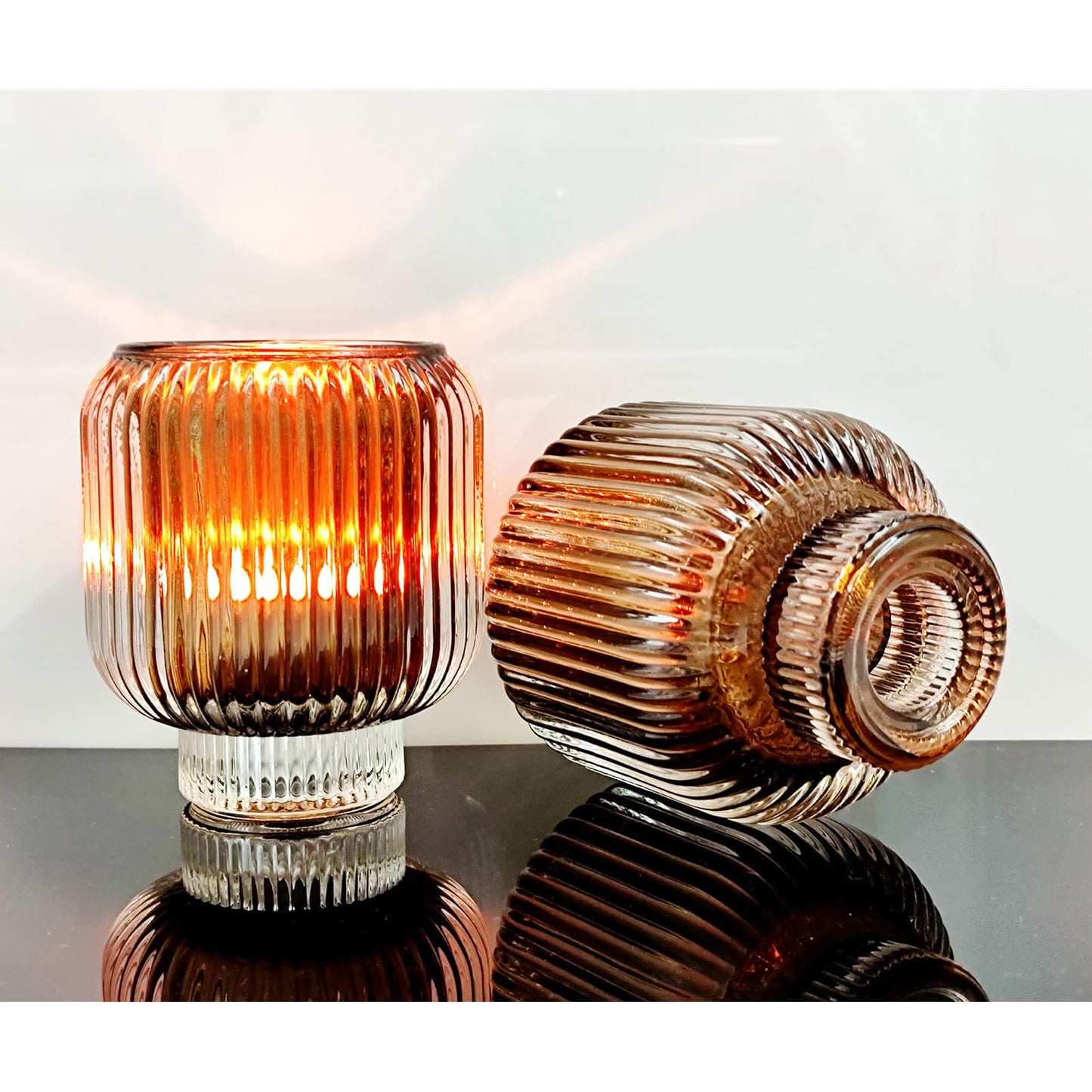 Woho Votive Candle Holders for Wedding Centerpieces, Tealight Candle Holder Set of 2, Glass Votive Candle Holder Bulk for Home Decor(Brown, 3.5'' Tall 3.1'' Diameter)