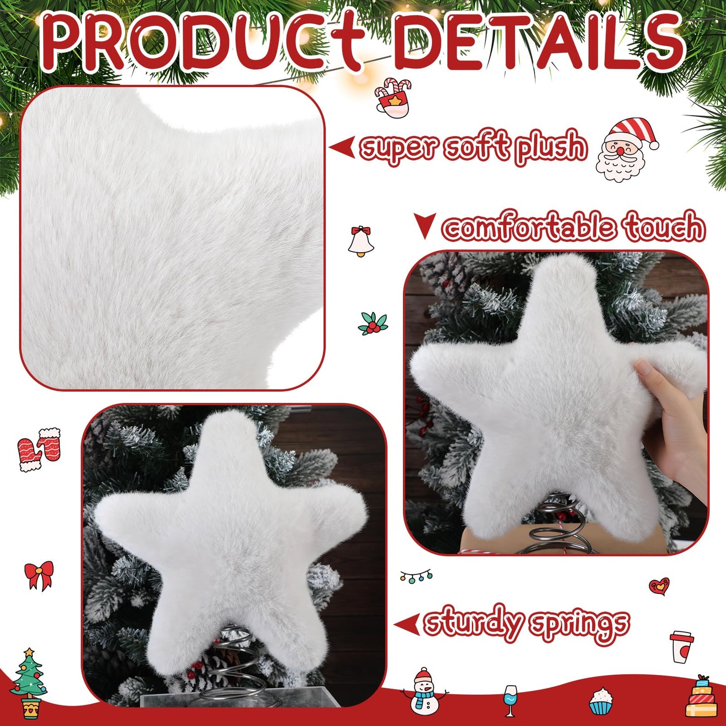 Soulchen 11 Inch White Christmas Star Tree Topper Faux Mink Fur Christmas Tree Topper Star White Rustic Treetop Ornaments for Xmas Decoration Home Indoor Outdoor Holiday Decoration